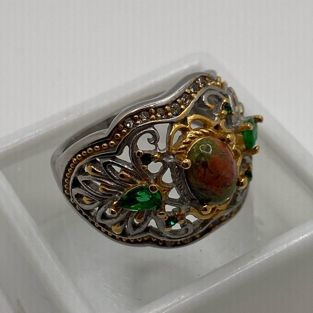 Sterling silver unakite and emerald ring, size 8
